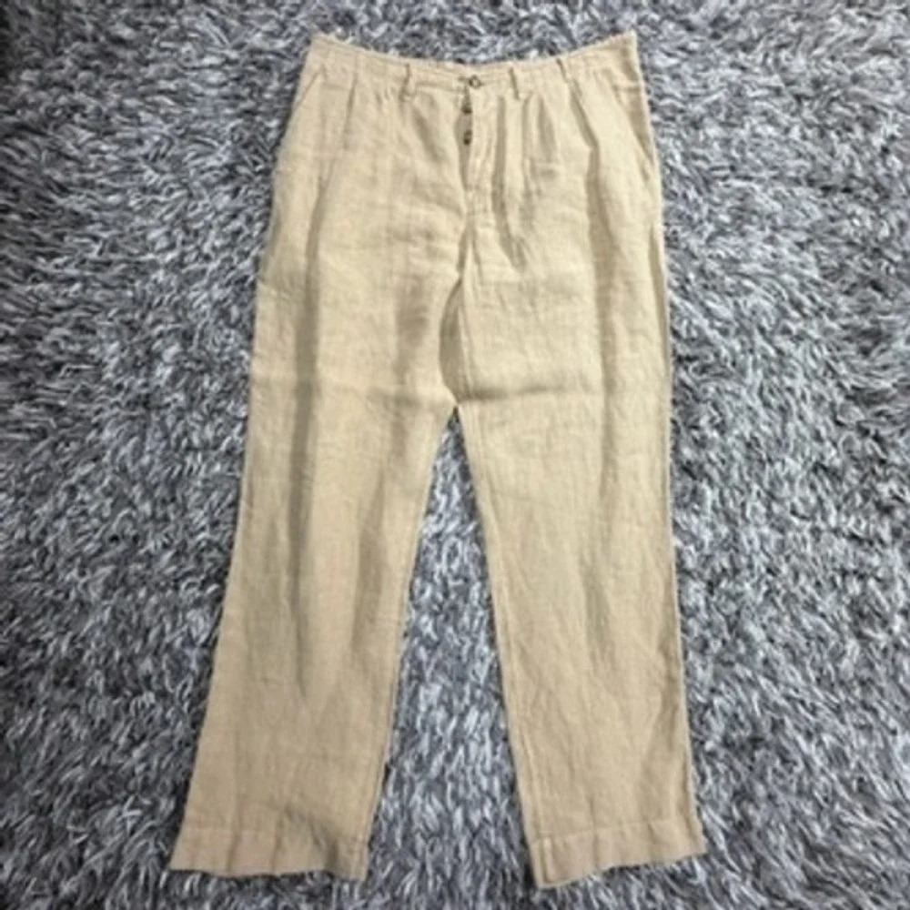 Murano Mens 100% Linen Pants Sz 36Khaki Tan Straight Leg Button Fly Beach Casual